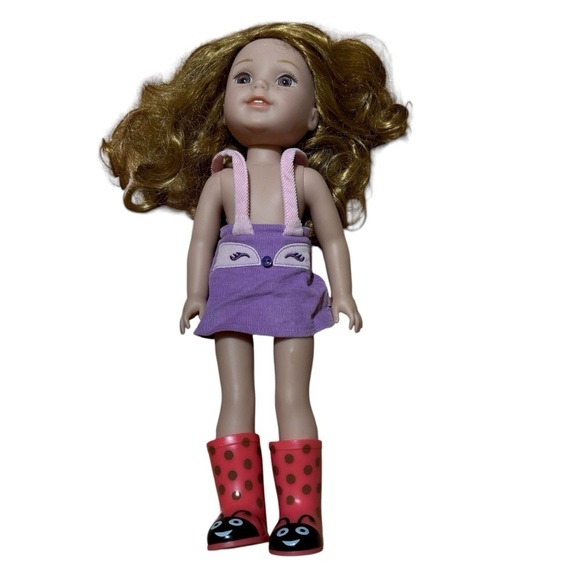 American Girl Other - American Girl Wellie Wishers Doll Fox Purple Corduroy Overall Ladybug Boots
